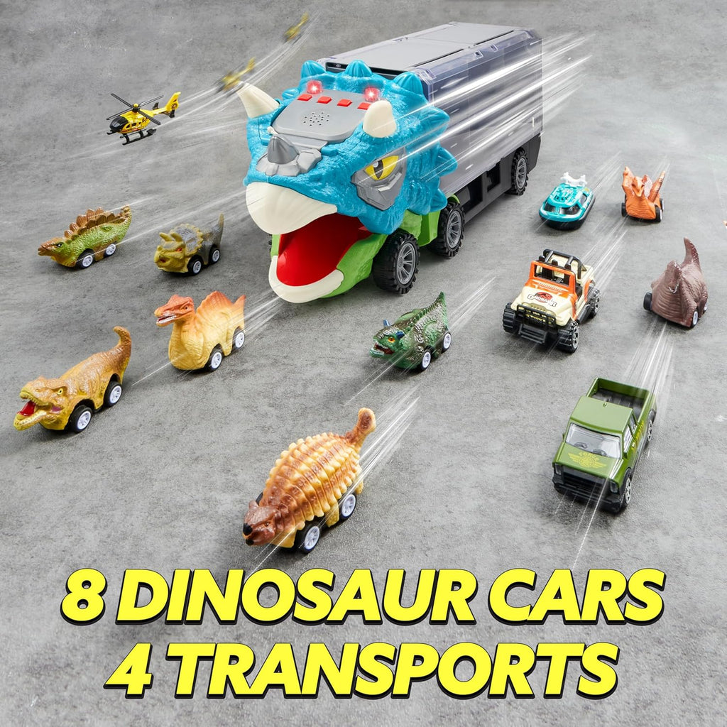JOYIN 13 in 1 Dinosaur Toys for Kids 3-5, Dinosaur Truck with 12 Pull Back Cars, Birthday Gifts Toys for 3 4 5+ Year Old Boy, Transport Carrier Truck for Toddlers, Christmas Great Gifts for Grandkids