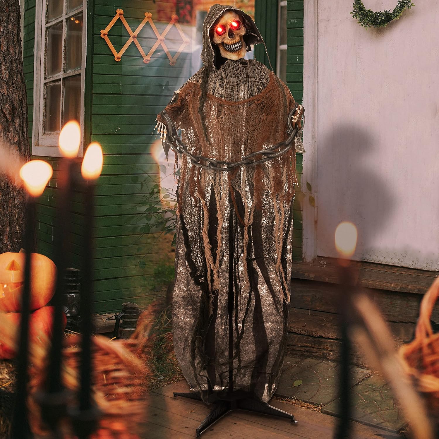 JOYIN 67" Halloween Decorations Outdoor Life Size Animatronics Grim Reaper with Chain, Sound-Actived Party Decor with Creepy Sound, Scary Haunted House Props for Garden Yard Lawn