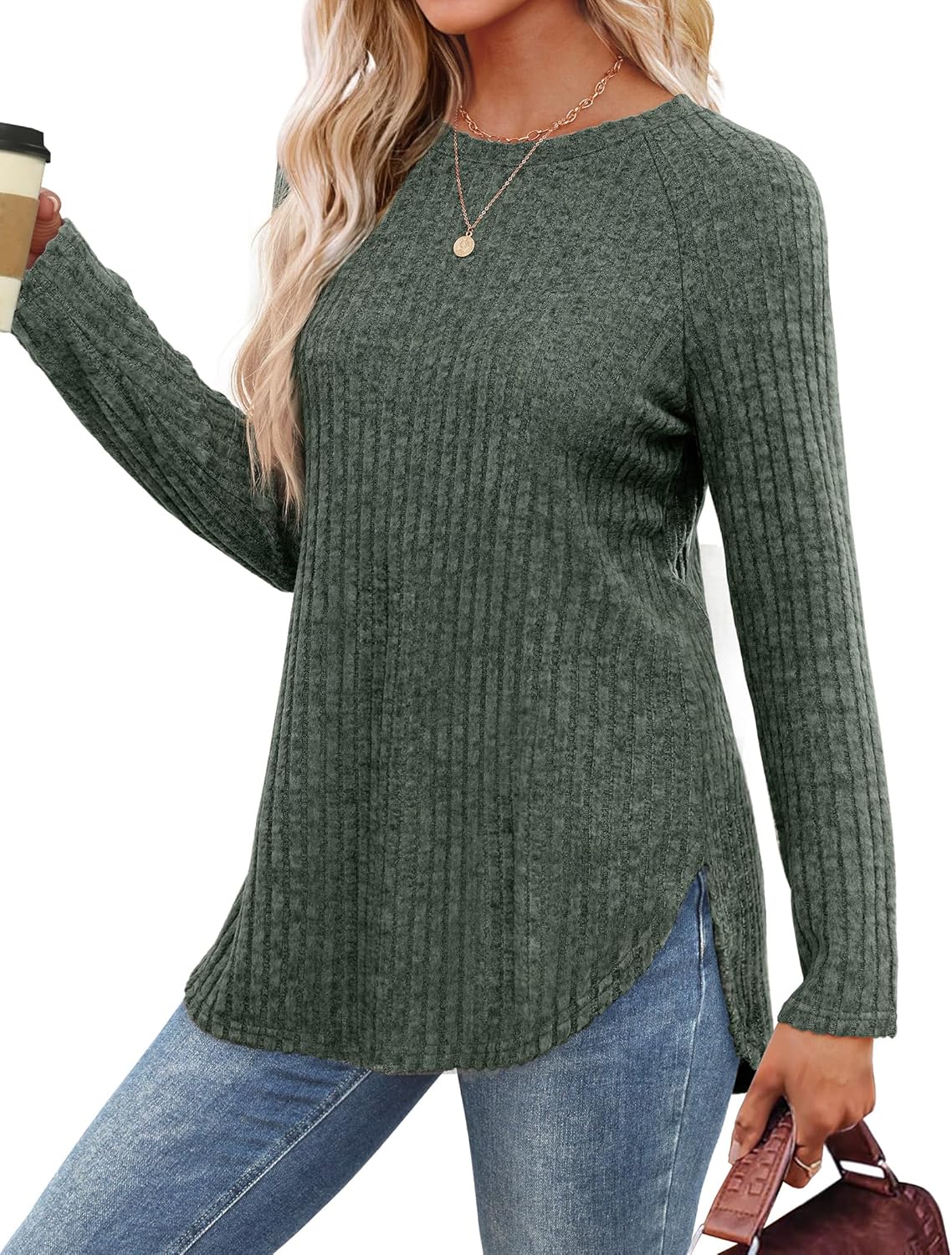 Saloogoe Long Sleeve Shirts for Women 2025 Fall Clothes Tunic Tops Loose Fit Dressy Crewneck Pullover Sweaters Curved Hem