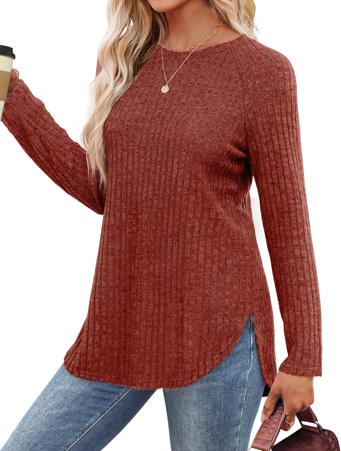 Saloogoe Long Sleeve Shirts for Women 2025 Fall Clothes Tunic Tops Loose Fit Dressy Crewneck Pullover Sweaters Curved Hem