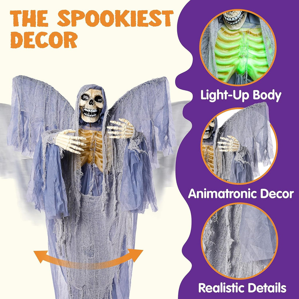 JOYIN 67" Halloween Decorations Outdoor Life Size Animatronics Grim Reaper with Chain, Sound-Actived Party Decor with Creepy Sound, Scary Haunted House Props for Garden Yard Lawn