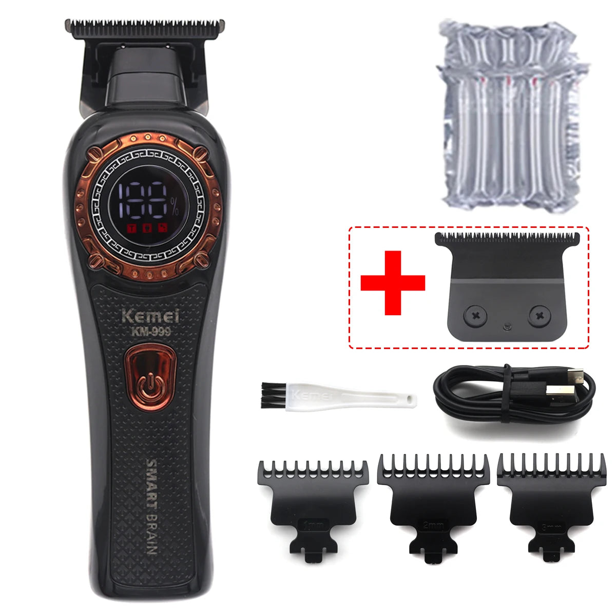 Kemei KM-999 Hair Trimmer for Men DLC T-Blade Zero Gapped LED Display Cordless USB Professional Hair Clipper Finishing Machine