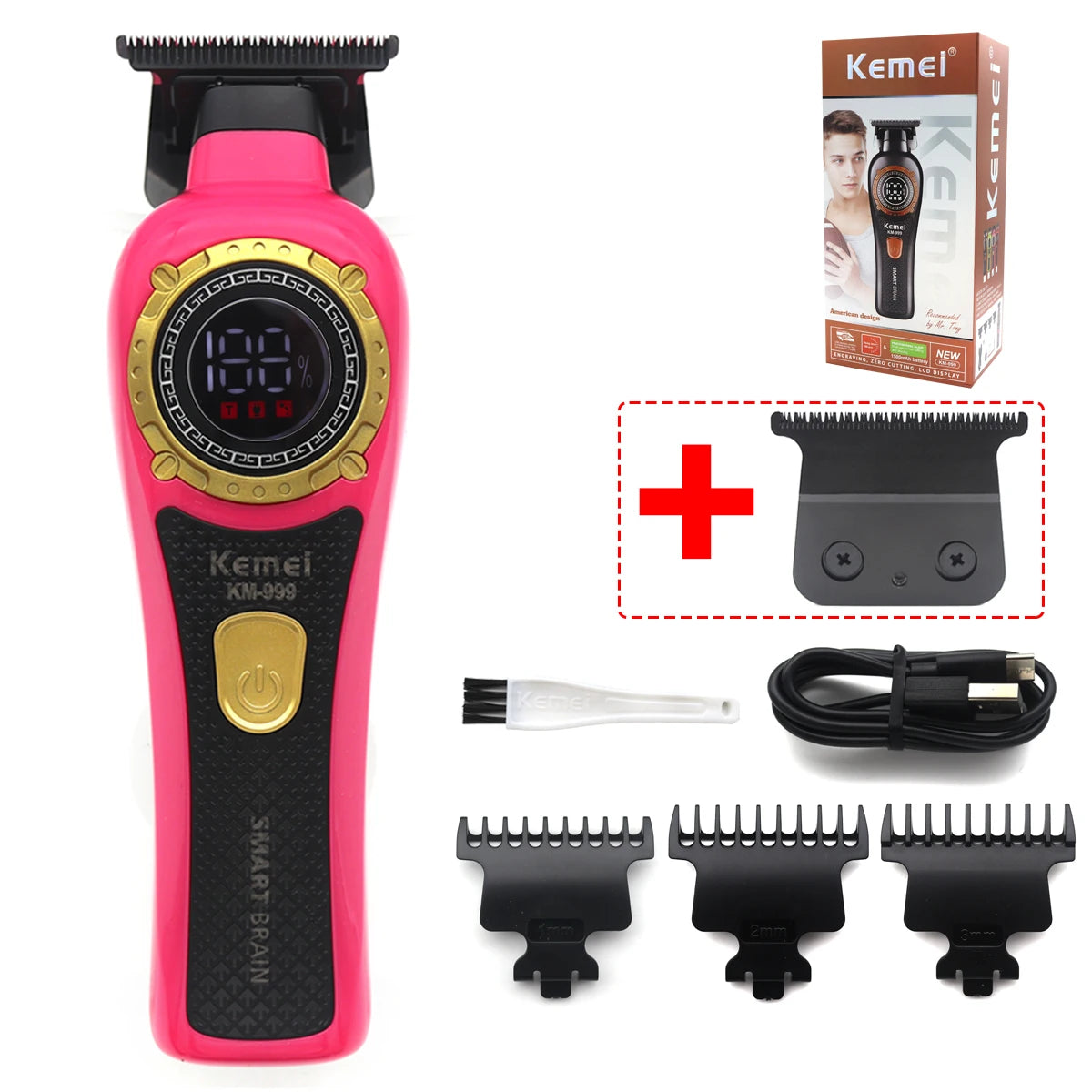 Kemei KM-999 Hair Trimmer for Men DLC T-Blade Zero Gapped LED Display Cordless USB Professional Hair Clipper Finishing Machine