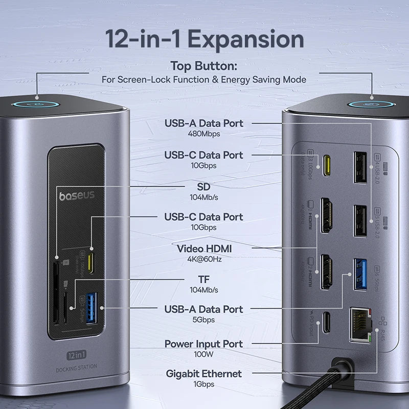 Baseus 12-in-1 USB C HUB to HDMI 4K@60Hz Dual Display USB 3.2 Adapter with RJ45 SD TF PD 100W Docking Station for Window Mac Hub
