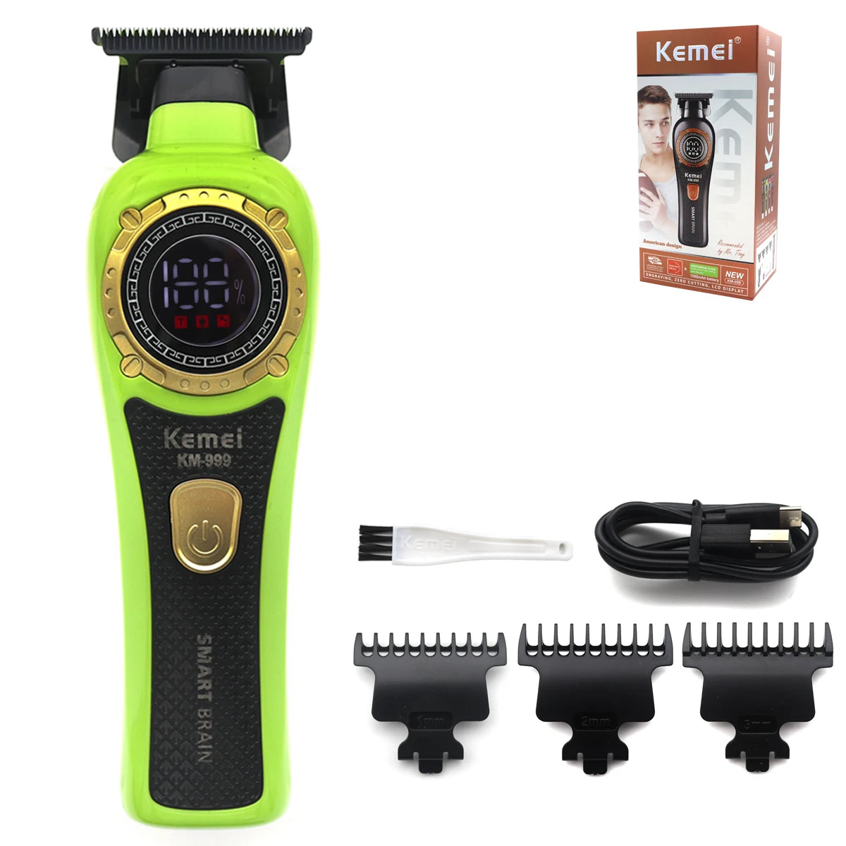 Kemei KM-999 Hair Trimmer for Men DLC T-Blade Zero Gapped LED Display Cordless USB Professional Hair Clipper Finishing Machine