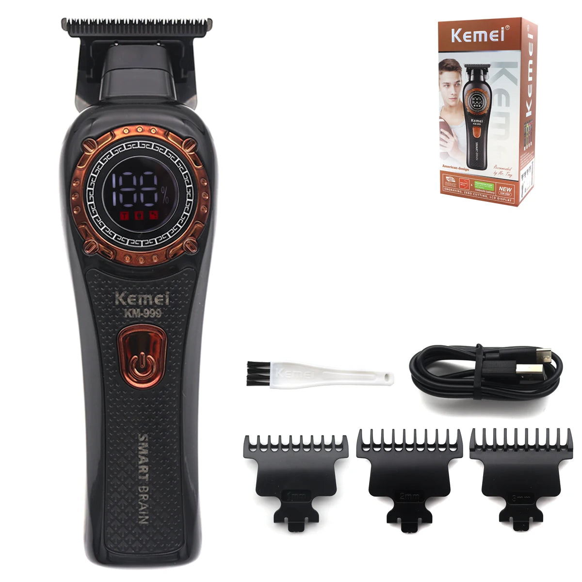 Kemei KM-999 Hair Trimmer for Men DLC T-Blade Zero Gapped LED Display Cordless USB Professional Hair Clipper Finishing Machine