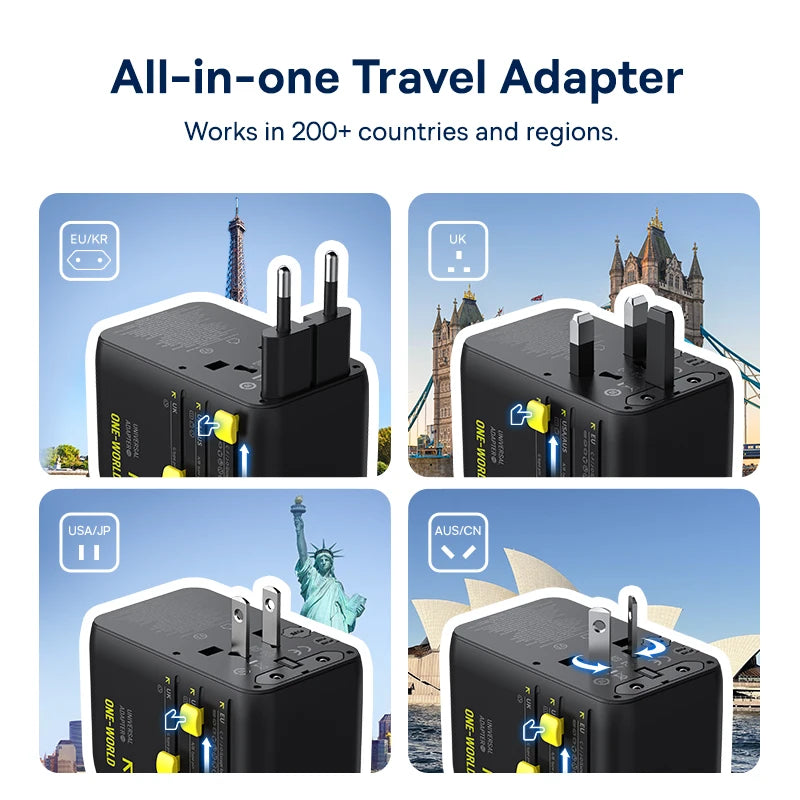 Baseus GaN Charger Universal Travel Adapter Built in 70W Retractable Cable 2AC 2 USB-A Type-C Fast Charging EU/UK/USA/AUS