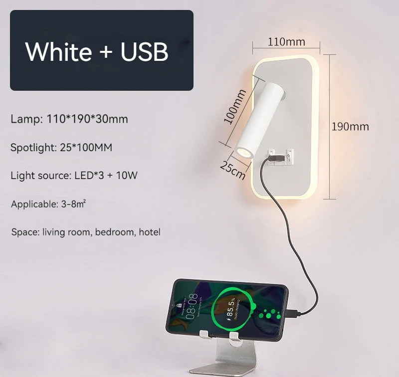 Bedside Wall Lamp, LED Wall Light, Wall Mounted Reading Light with Switch and USB Port, Rotatable Wall Sconce Wall Spotlight