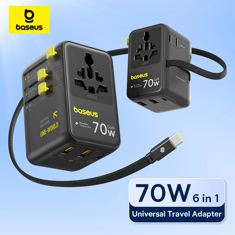 Baseus GaN Charger Universal Travel Adapter Built in 70W Retractable Cable 2AC 2 USB-A Type-C Fast Charging EU/UK/USA/AUS