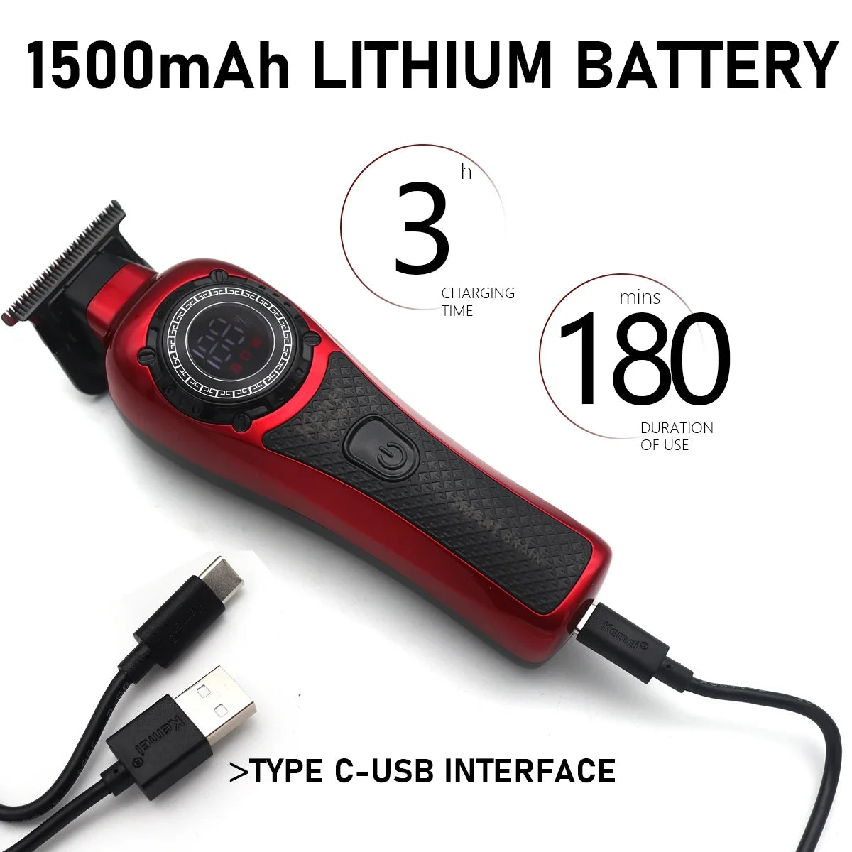 Kemei KM-999 Hair Trimmer for Men DLC T-Blade Zero Gapped LED Display Cordless USB Professional Hair Clipper Finishing Machine