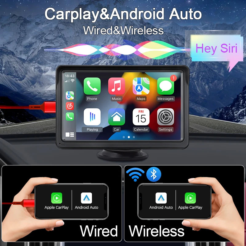 Hippcron 7inch Car Radio Multimedia Video Player Wireless Carplay And Wireless Android Auto Portable Universal Touch Screen