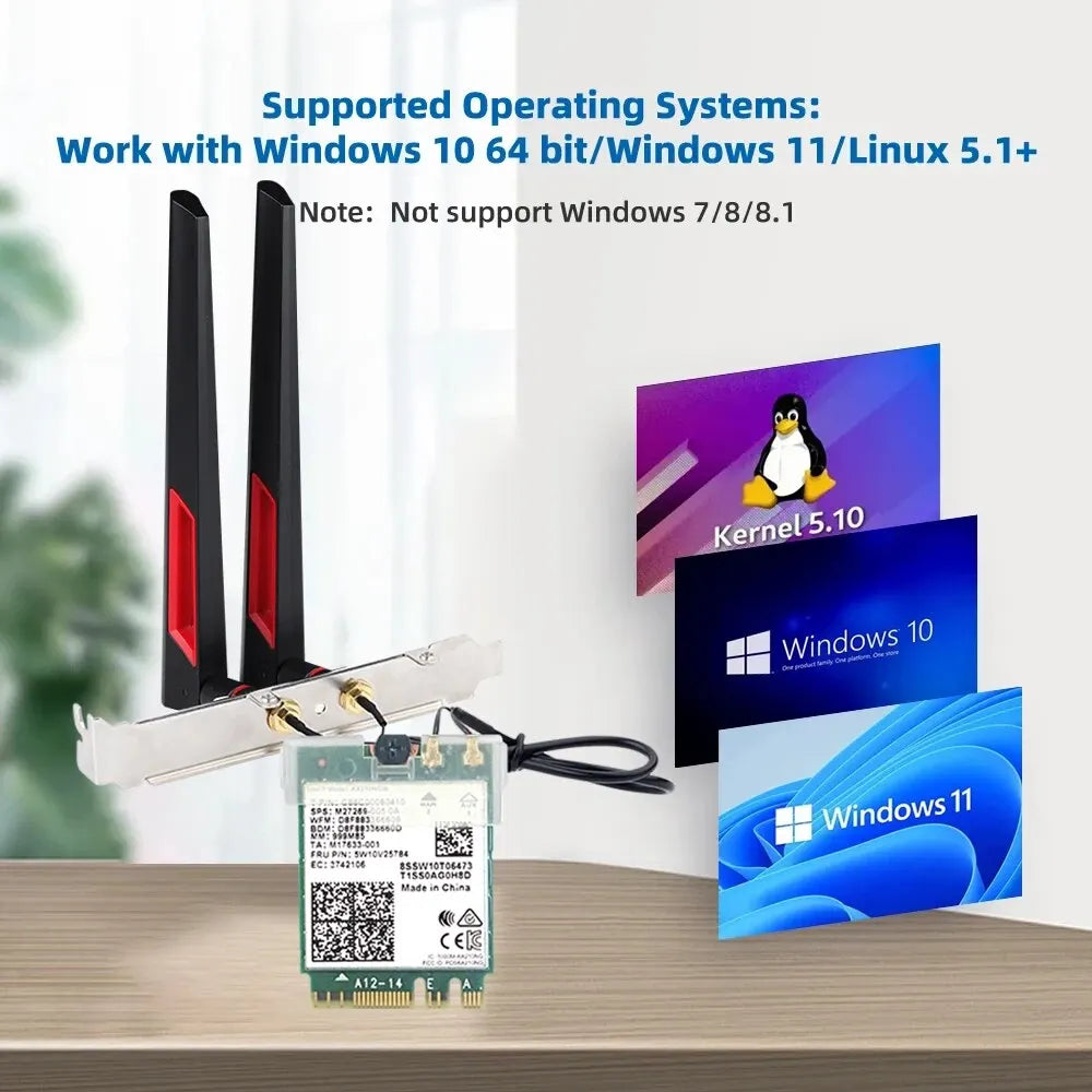 WiFi 6E AX210 M.2 Wireless Adapter 2.4G/5G/6GHz Bluetooth 5.3 Wi-Fi 6 AX210NGW NGFF 10DBI Antenna Set For Desktop/PC Win10/11