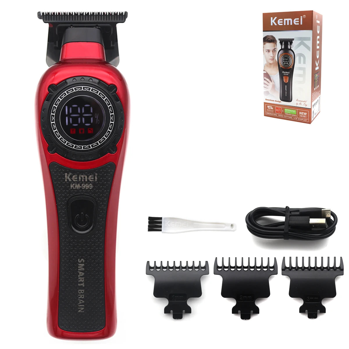 Kemei KM-999 Hair Trimmer for Men DLC T-Blade Zero Gapped LED Display Cordless USB Professional Hair Clipper Finishing Machine