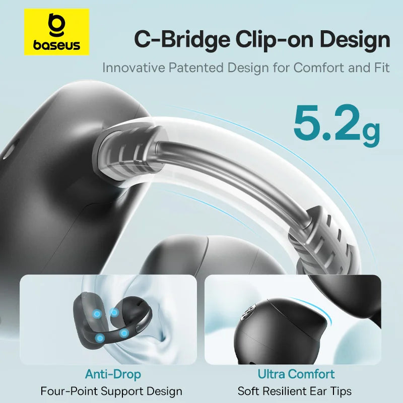 Baseus Bowie MC1 Ear Clip Wireless Earphones Bluetooth 5.4 Open-Ear Headphones Clip-On Sports Earbuds  IP57 Waterproof AI-Bass