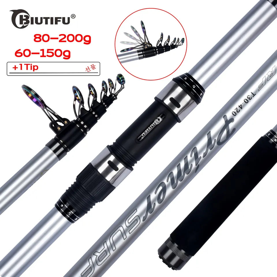 BIUTIFU Telescopic Surf one-two Fishing Rod 3.9/4.2/4.5/5.0/5.3m 30T Carbon Spinning Power 60-200g Throw Surfcasting Shore Pole