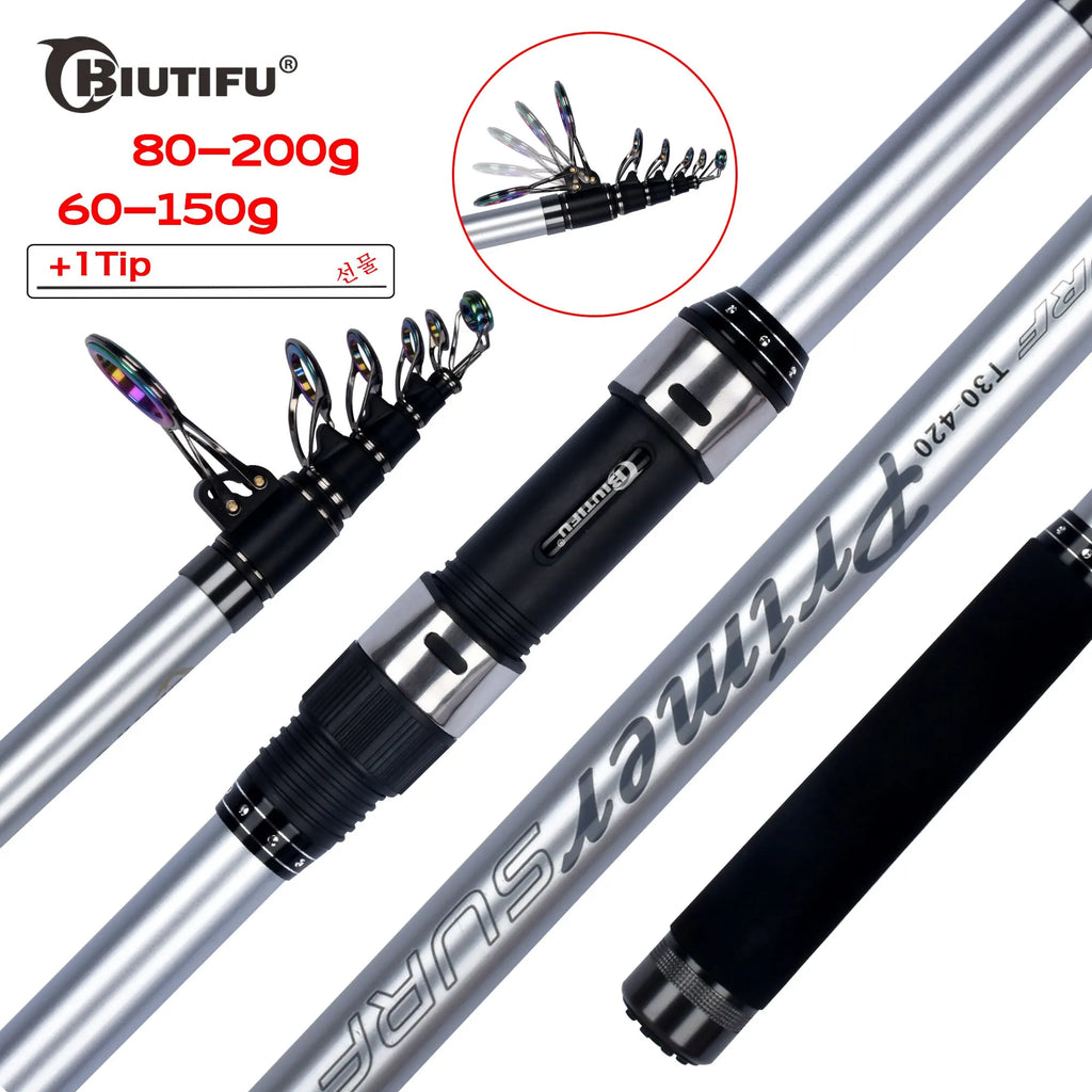 BIUTIFU Telescopic Surf one-two Fishing Rod 3.9/4.2/4.5/5.0/5.3m 30T Carbon Spinning Power 60-200g Throw Surfcasting Shore Pole