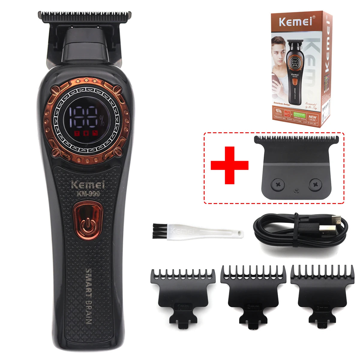 Kemei KM-999 Hair Trimmer for Men DLC T-Blade Zero Gapped LED Display Cordless USB Professional Hair Clipper Finishing Machine