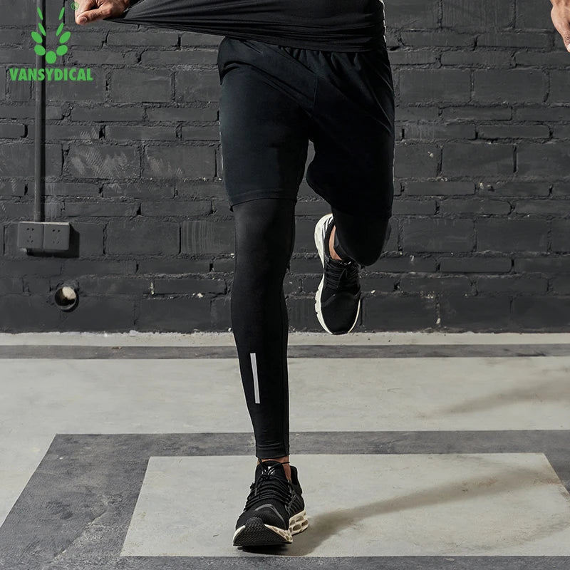 VANSYDICAL Compression Pants Men Running Tights with Reflective Striped Basketball Legging Workout Elastic Waist Trousers Men