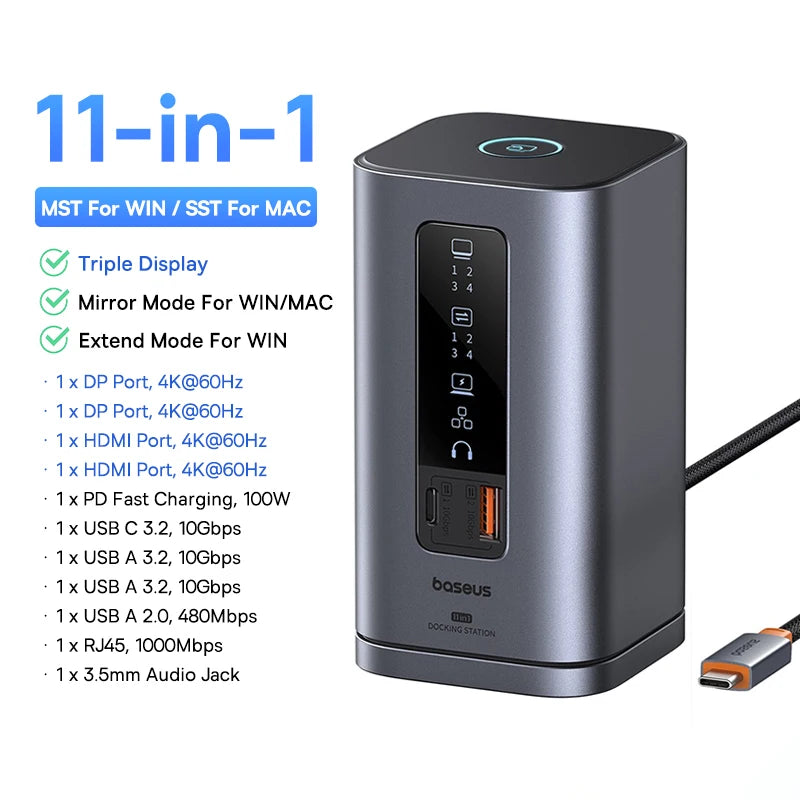 Baseus 12-in-1 USB C HUB to HDMI 4K@60Hz Dual Display USB 3.2 Adapter with RJ45 SD TF PD 100W Docking Station for Window Mac Hub