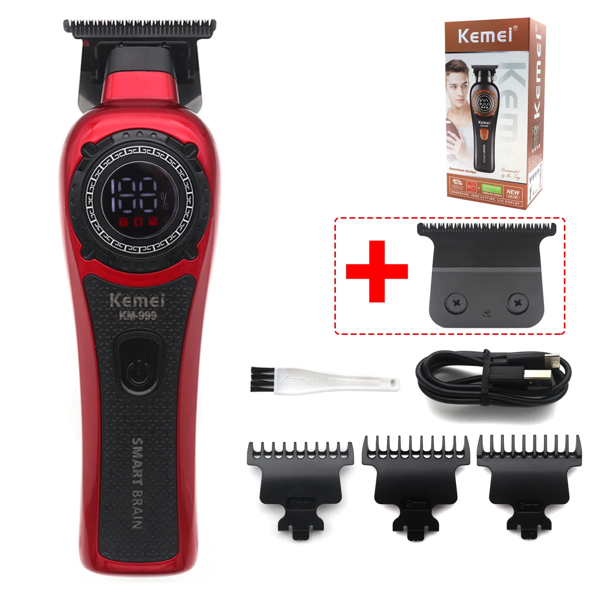 Kemei KM-999 Hair Trimmer for Men DLC T-Blade Zero Gapped LED Display Cordless USB Professional Hair Clipper Finishing Machine