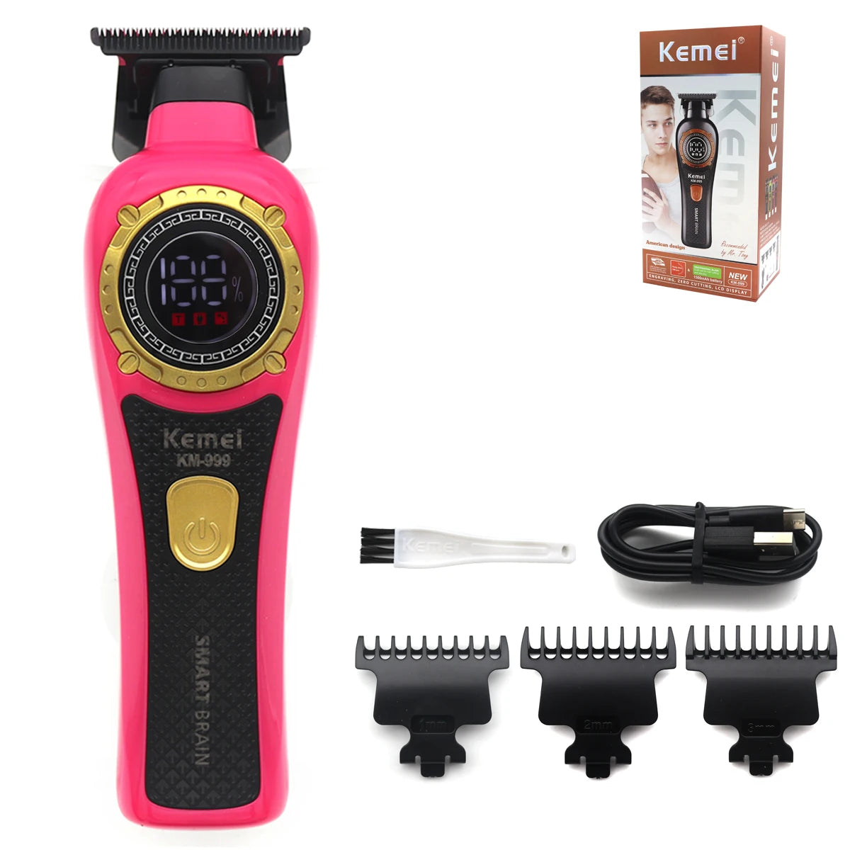 Kemei KM-999 Hair Trimmer for Men DLC T-Blade Zero Gapped LED Display Cordless USB Professional Hair Clipper Finishing Machine