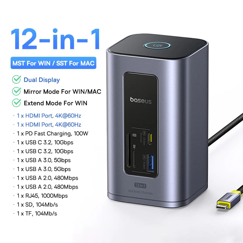 Baseus 12-in-1 USB C HUB to HDMI 4K@60Hz Dual Display USB 3.2 Adapter with RJ45 SD TF PD 100W Docking Station for Window Mac Hub