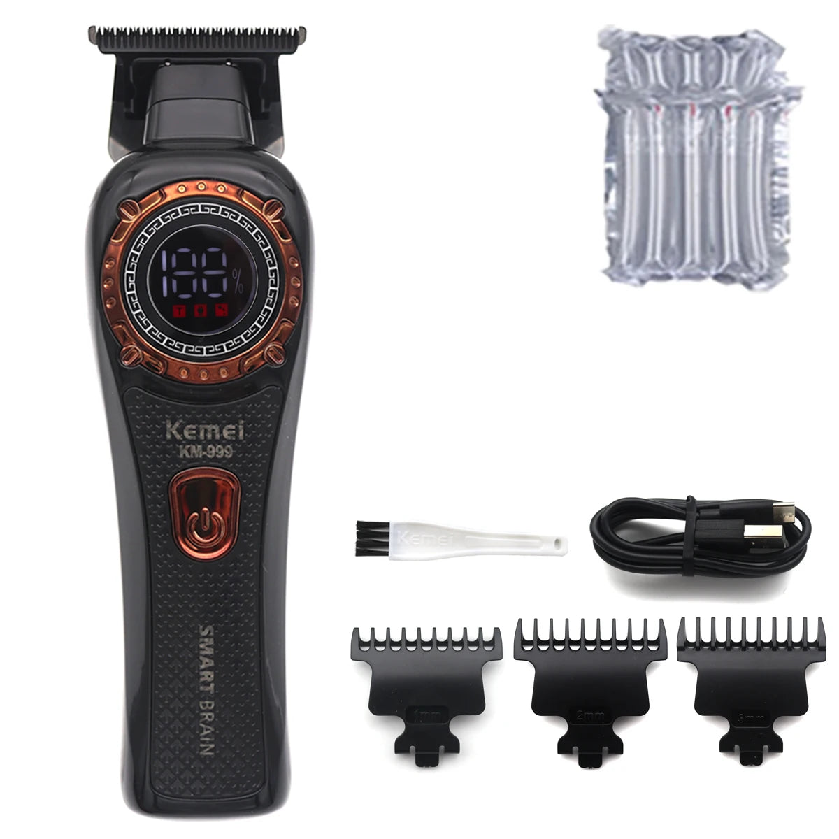Kemei KM-999 Hair Trimmer for Men DLC T-Blade Zero Gapped LED Display Cordless USB Professional Hair Clipper Finishing Machine