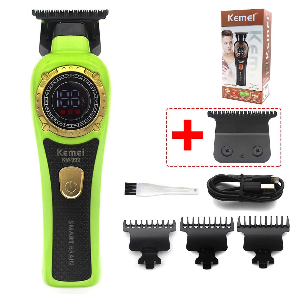 Kemei KM-999 Hair Trimmer for Men DLC T-Blade Zero Gapped LED Display Cordless USB Professional Hair Clipper Finishing Machine