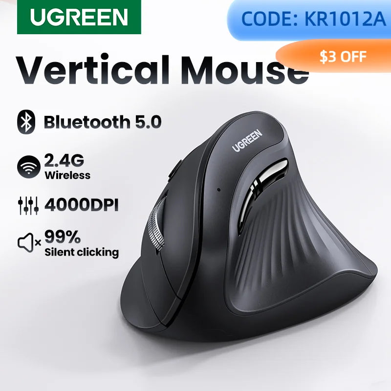UGREEN Vertical Mouse Wireless Bluetooth5.0 2.4G Ergonomic 4000DPI 6 Mute Buttons for MacBook Tablet Laptops Computer PC Mice
