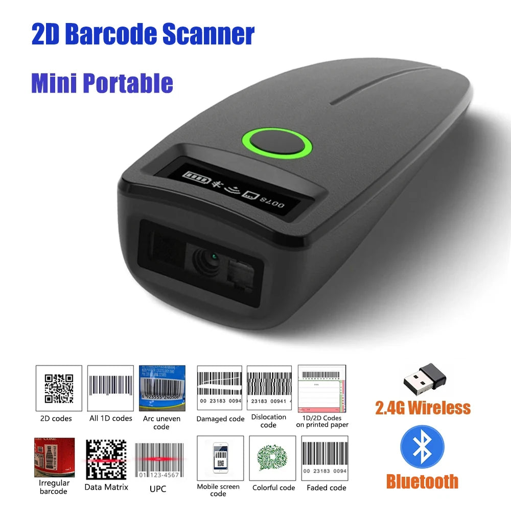 2D Barcode Scanner Mini 2.4G Wireless Bluetooth Handheld Portable 1D 2D QR Code Data Matrix PDF417 Reader With Storage Function